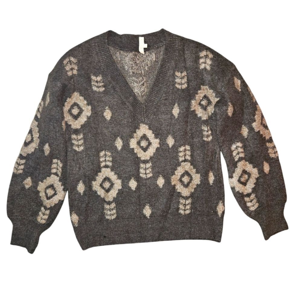 Mystree Western Aztec Chunky Knit Pull-over Gray/Tan Sweater Size M
